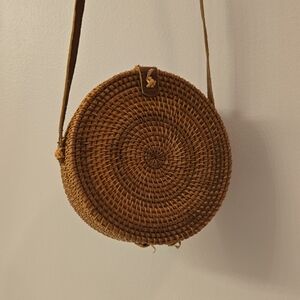 Round Woven Tan Crossbody Bag